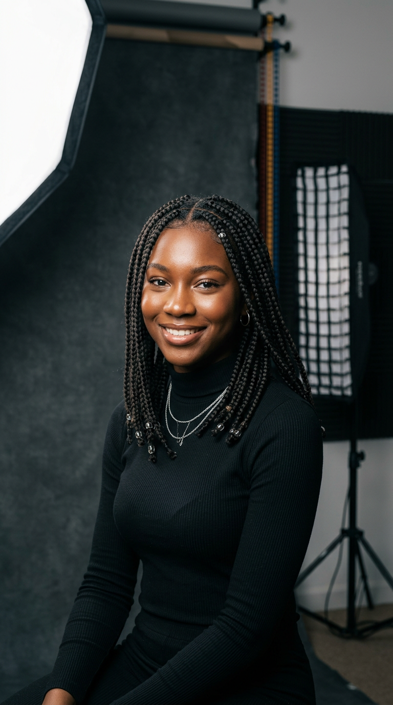 Smiling model with box braids in studio